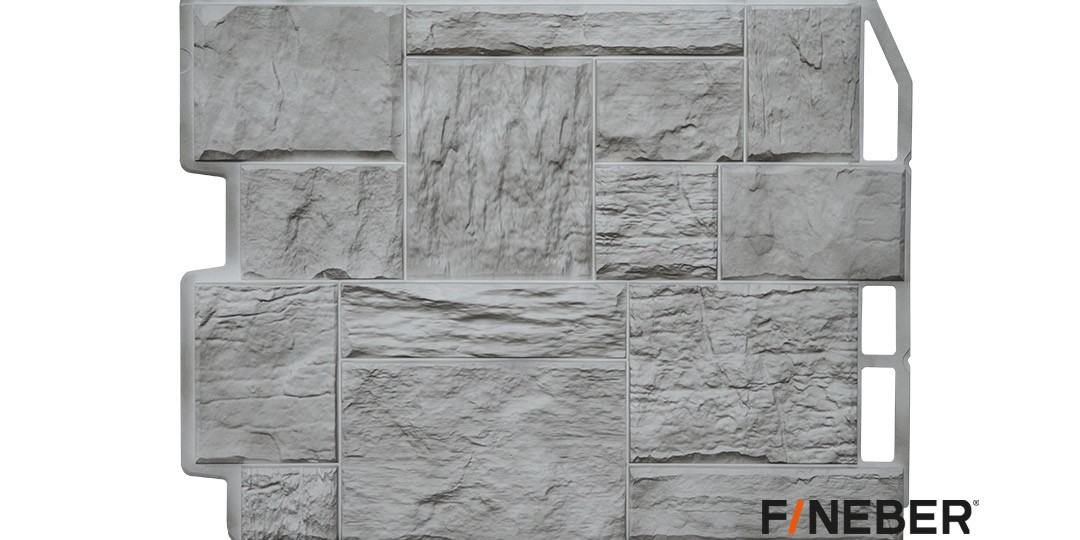 Фасадные панели (цокольный сайдинг) Fineber Дачный коллекция туф Светло-серый с 3D эффектом