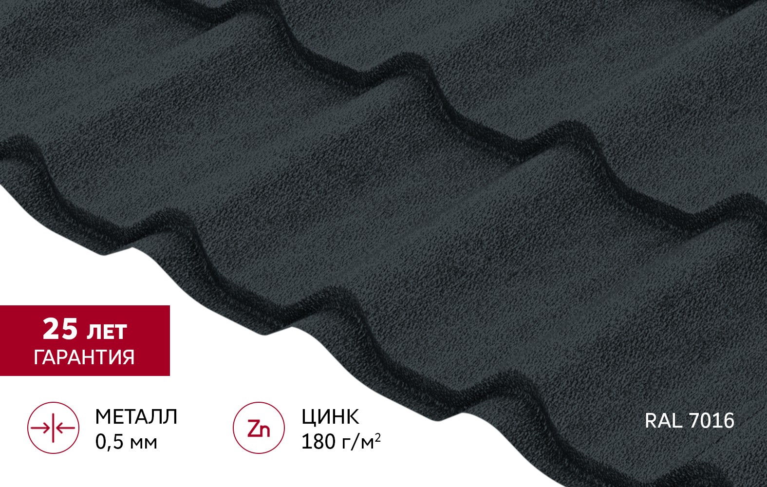 Металлочерепица Grand Line Classic (Классик) Satin Matt 0,5 PE RAL 7016 Антрацитово-серый