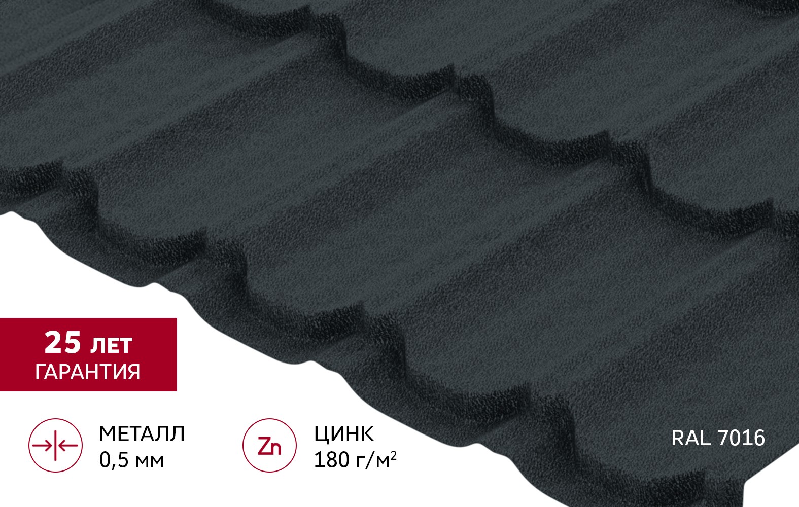 Металлочерепица Grand Line Квинта плюс Satin Matt 0,5 RAL 7016 Антрацитово-серый